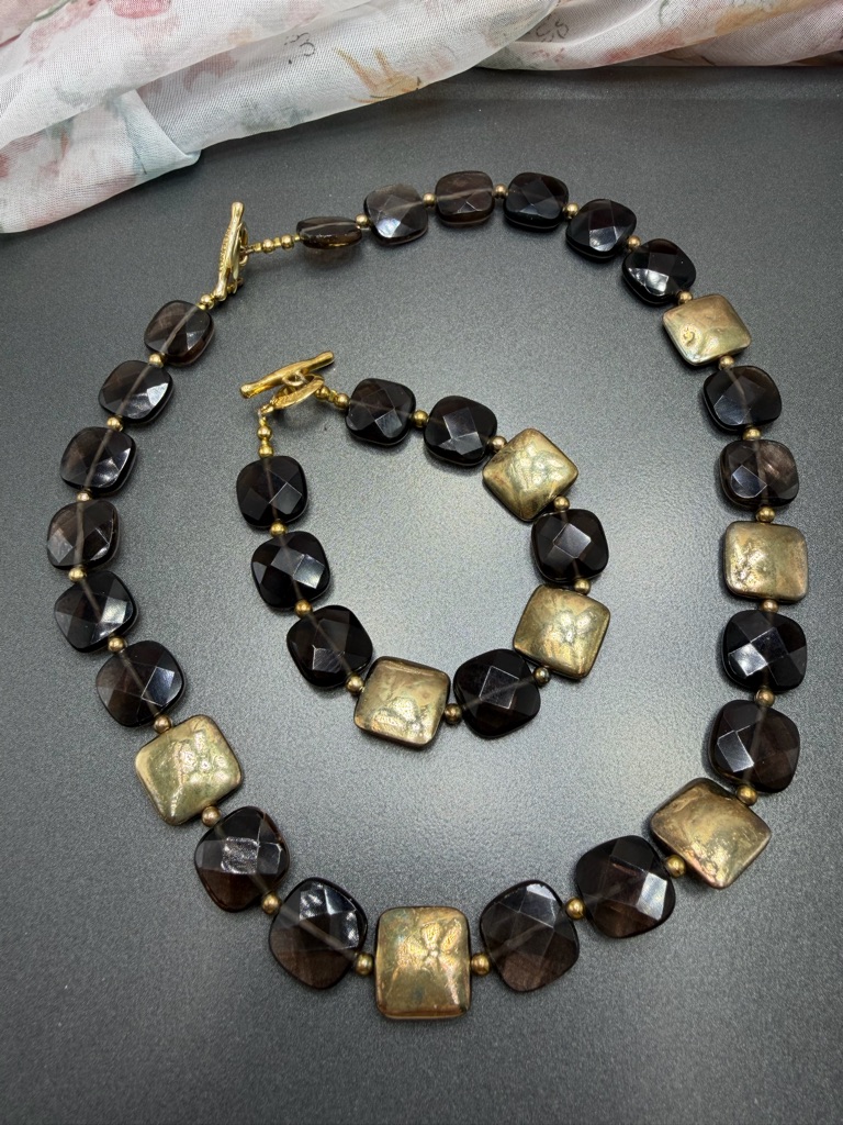 Tateossian Smoky Quartz & Sterling Silver Bead Necklace &Bracelet #37set